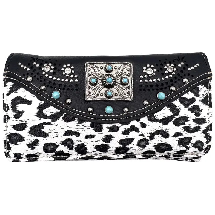 Rectangle Concho Leopard Print Western Crossbody Wallet Black
