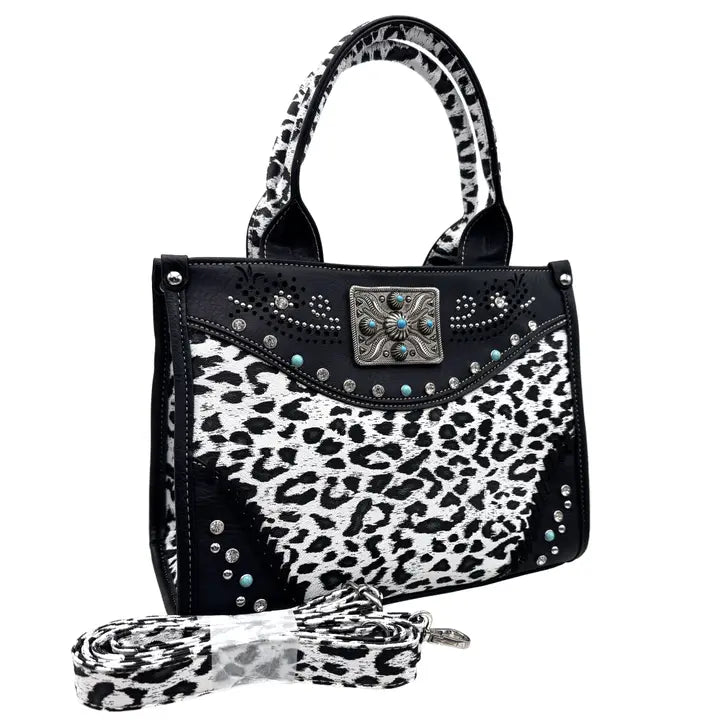 Rectangle Concho Leopard Print Western Weekend Bag Crossbody Black