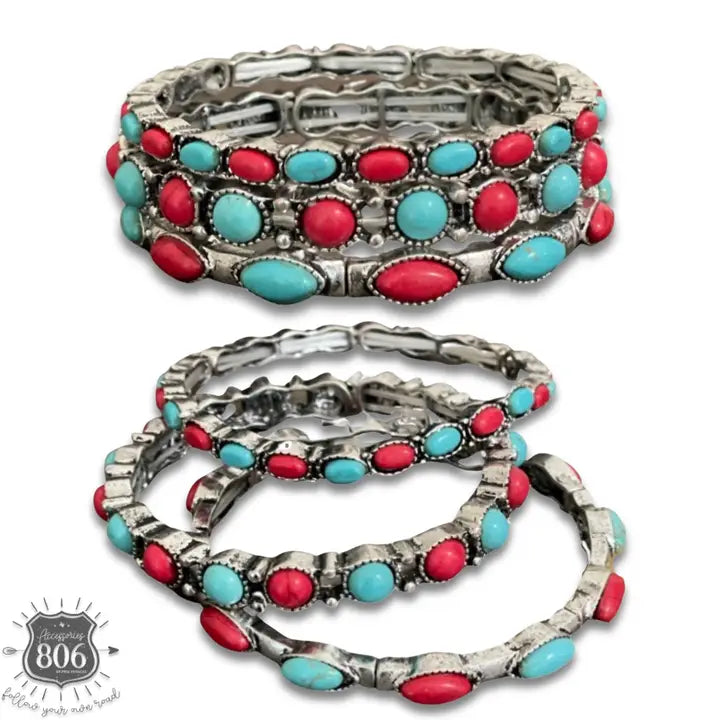 Red Three-Piece Stone Stretch Bracelet Set Red