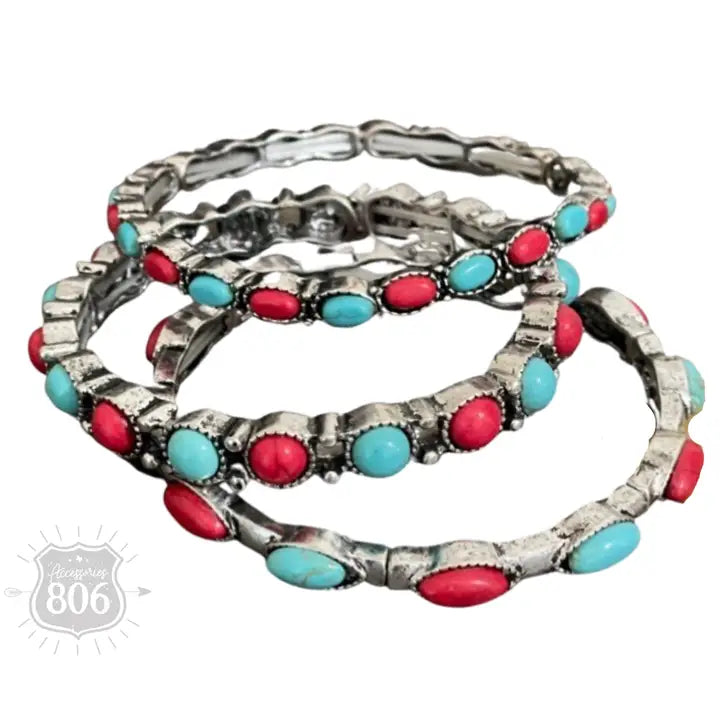 Red Three-Piece Stone Stretch Bracelet Set Red