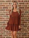 Ribbed Ruffle Trim High Waist Long Sleeve Mini Dress