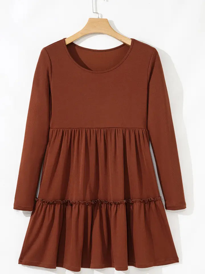 Ribbed Ruffle Trim High Waist Long Sleeve Mini Dress