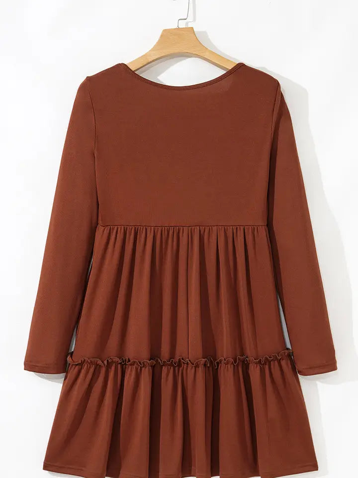 Ribbed Ruffle Trim High Waist Long Sleeve Mini Dress