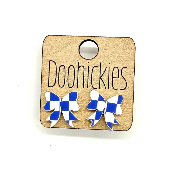 School Spirit Checkered Bow Stud Earrings Blue