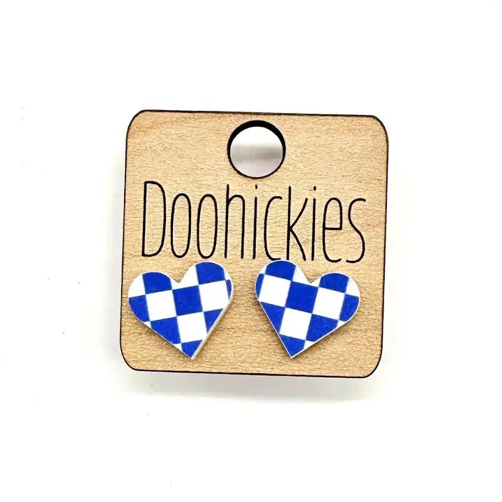 School Spirit Checkered Heart Stud Earrings Blue