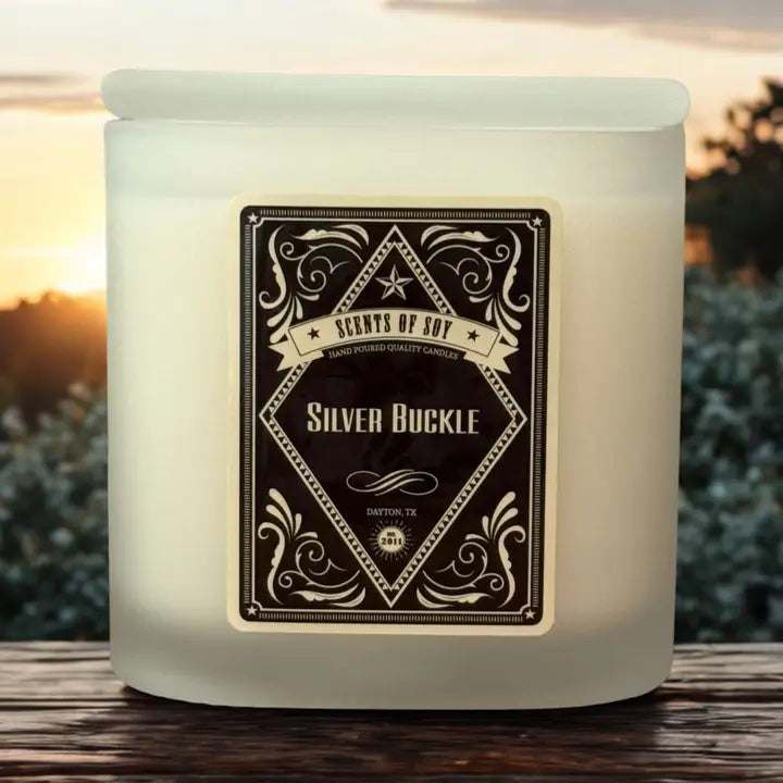 Silver Buckle Frosted Oval Glass 9oz Soy Candle