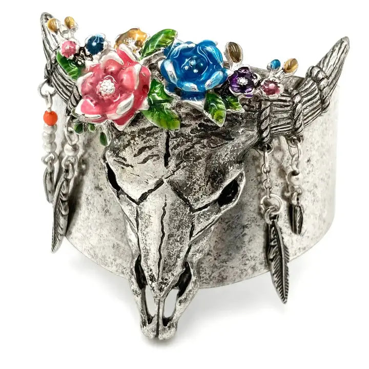 Silver Longhorn Skull Bohemian Flowers Western Wide Cuff Bracelet