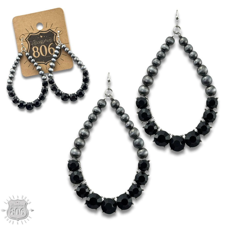 Silver & Rhinestone Teardrop Earrings Black