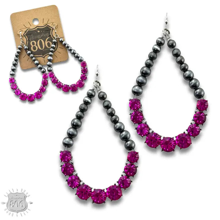 Silver & Rhinestone Teardrop Earrings Fuchsia