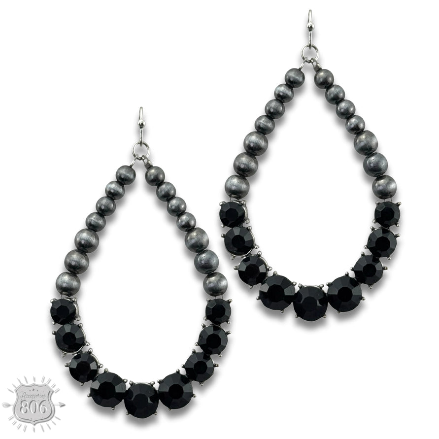 Silver & Rhinestone Teardrop Earrings Black