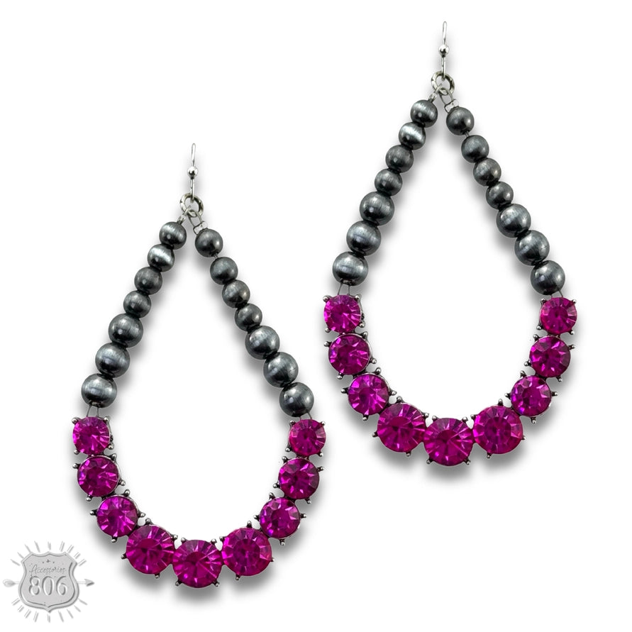 Silver & Rhinestone Teardrop Earrings Fuchsia