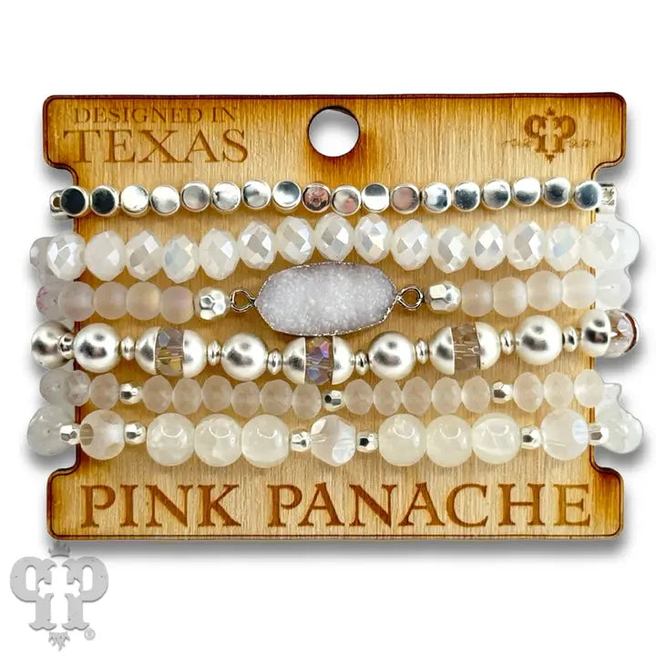 Silver Six Strand Variety Bead & Druzy Charm Bracelet