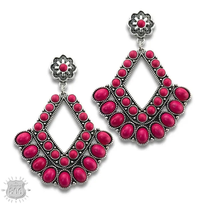 Southwest Diamond Shape Stone Earrings Fuchsia