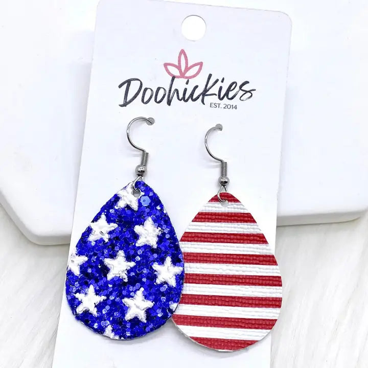 Stars & Stripes Glitter Teardrops Patriotic Earrings 1.5"