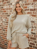 Stripe Textured Knit Long Sleeve Top & Shorts Set