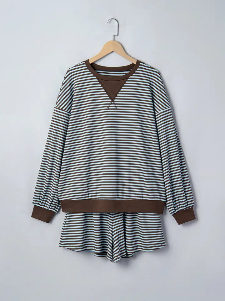 Stripe Oversized Long Sleeve Top & Drawstring Shorts Set