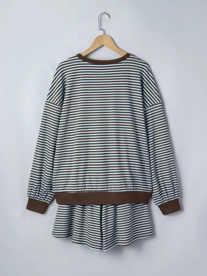 Stripe Oversized Long Sleeve Top & Drawstring Shorts Set