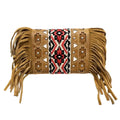 Tan Aztec Tribal Print Fringe Crossbody Western Wallet