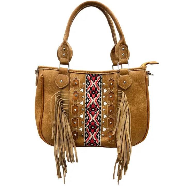 Tan Aztec Tribal Print Fringe Western Handbag Purse
