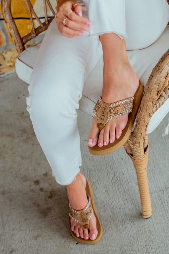 Tan Women's Floral Embossed Flip Flops