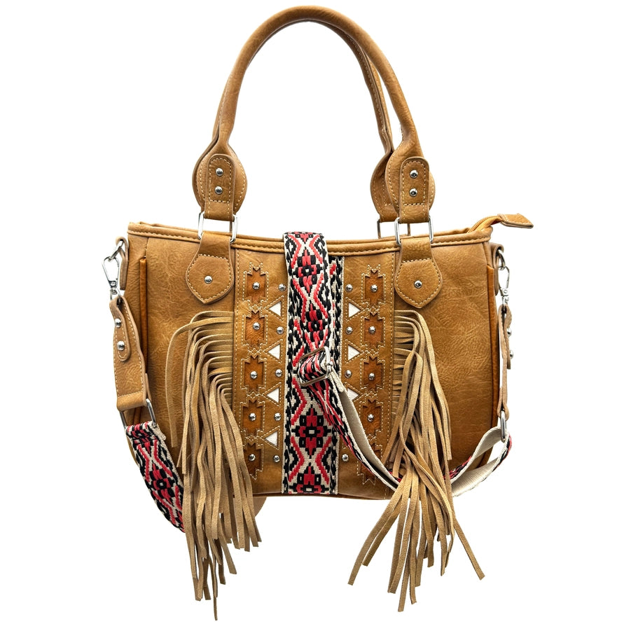 Tan Aztec Tribal Print Fringe Western Handbag Purse