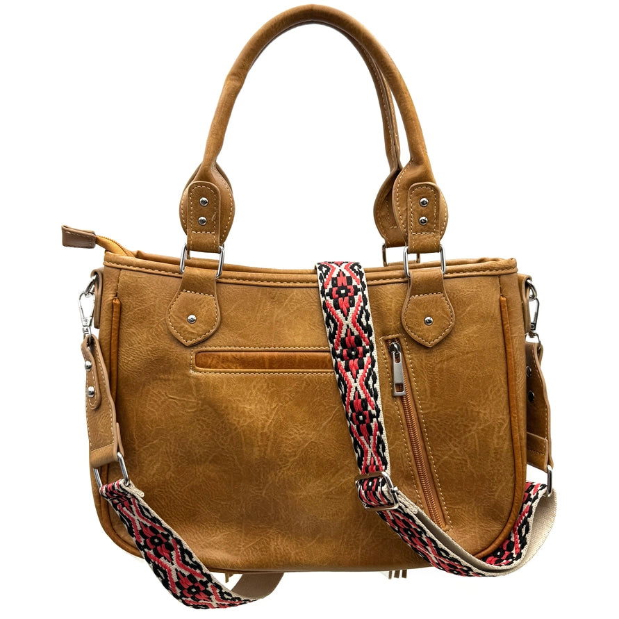Tan Aztec Tribal Print Fringe Western Handbag Purse