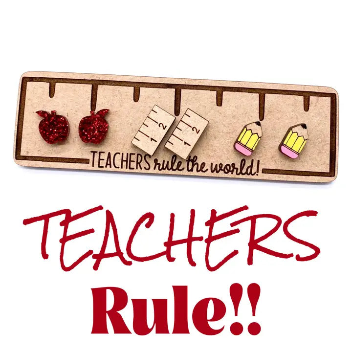 Teachers Rule The World Apple/Ruler/#2 Pencil Earrings Set