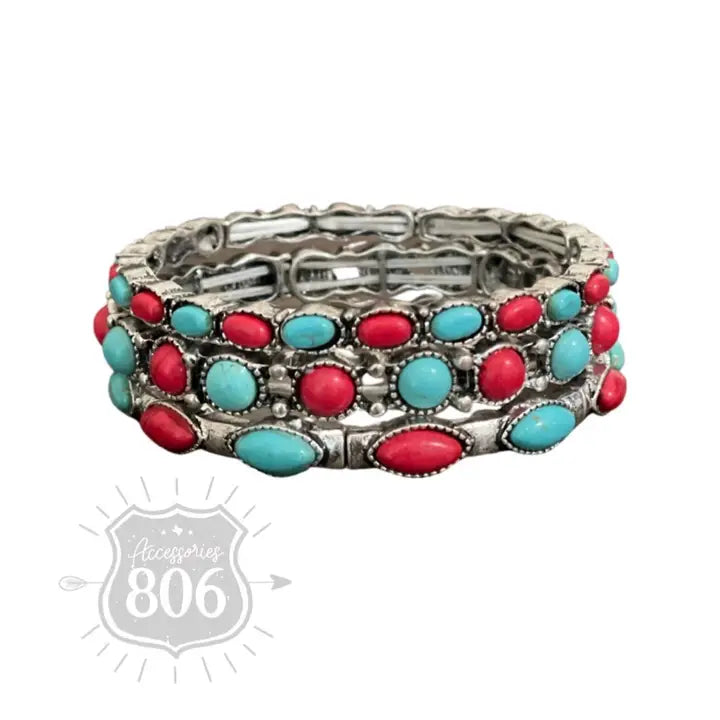 Red Three-Piece Stone Stretch Bracelet Set Red