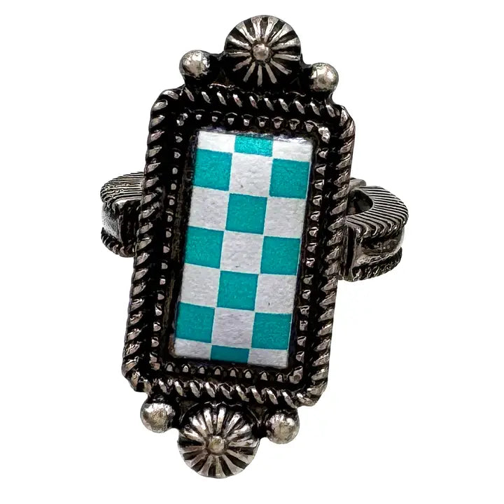 Turquoise Checkered Print Western Stretch Ring