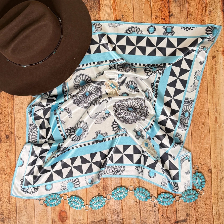 Turquoise Concho Longhorn Print Silk Rag Black/Ivory 36x36