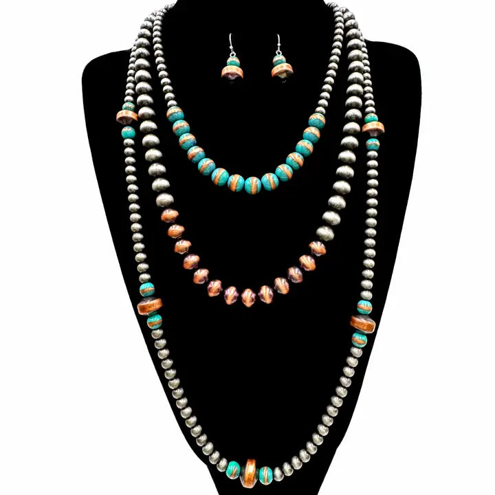 Southwestern Beads Three-Layer Necklace Earrings Set