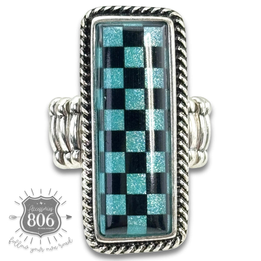 Turquoise Checkerboard Print Stretch Ring