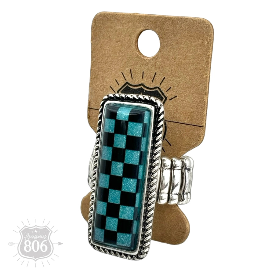 Turquoise Checkerboard Print Stretch Ring