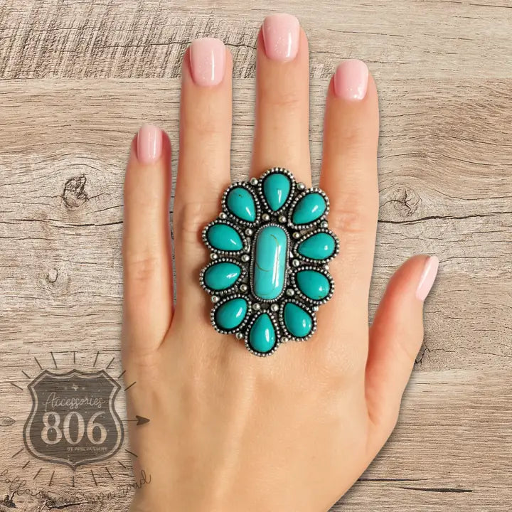 Turquoise Color Oval Flower Ring