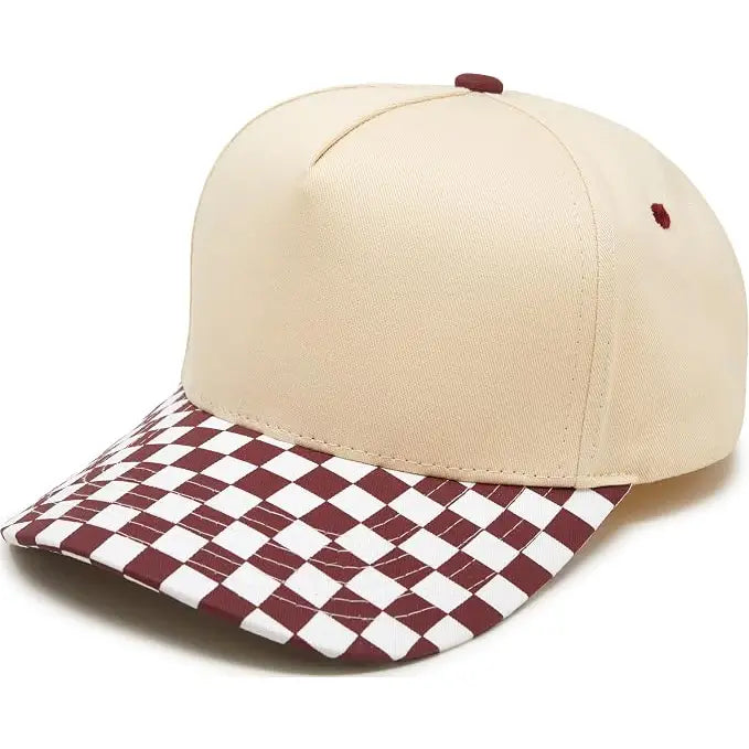 Two Tone Vintage Snapback Checker Print Hat Burgundy/Beige
