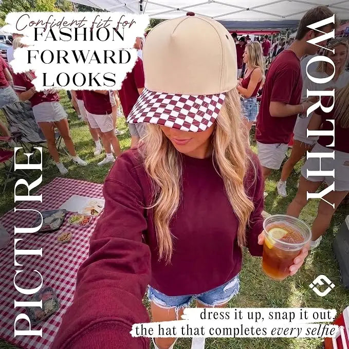 Two Tone Vintage Snapback Checker Print Hat Burgundy/Beige