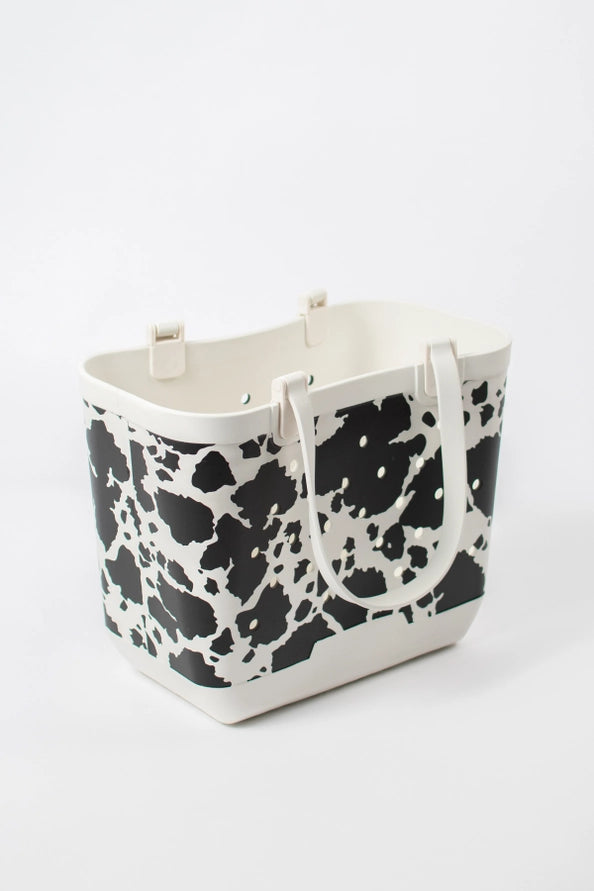 White Western Cow Print Rubber Beach Tote Mini
