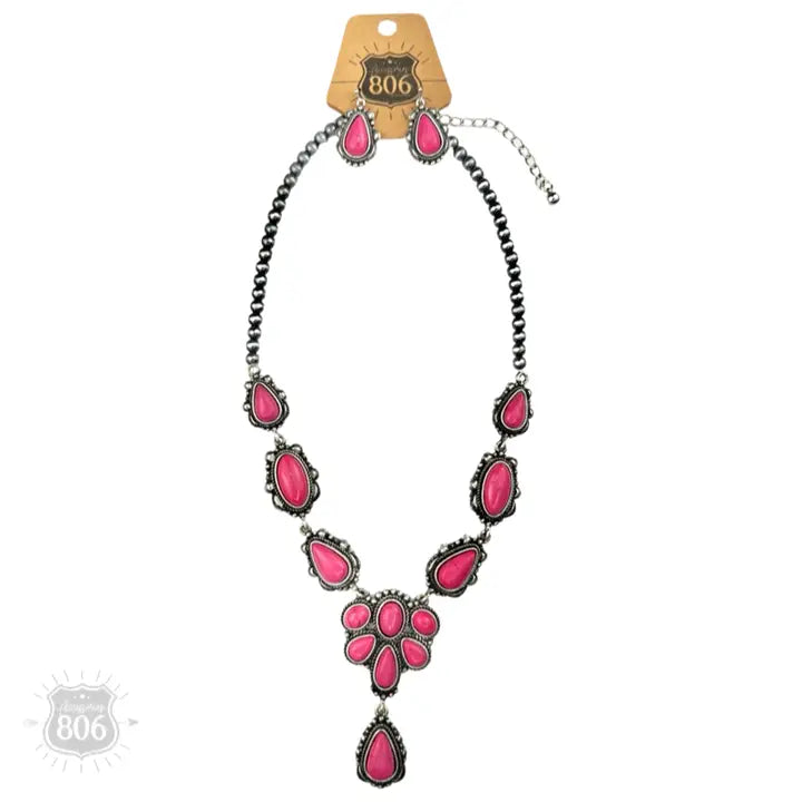 Western Stone Concho Necklace Set Fuchsia