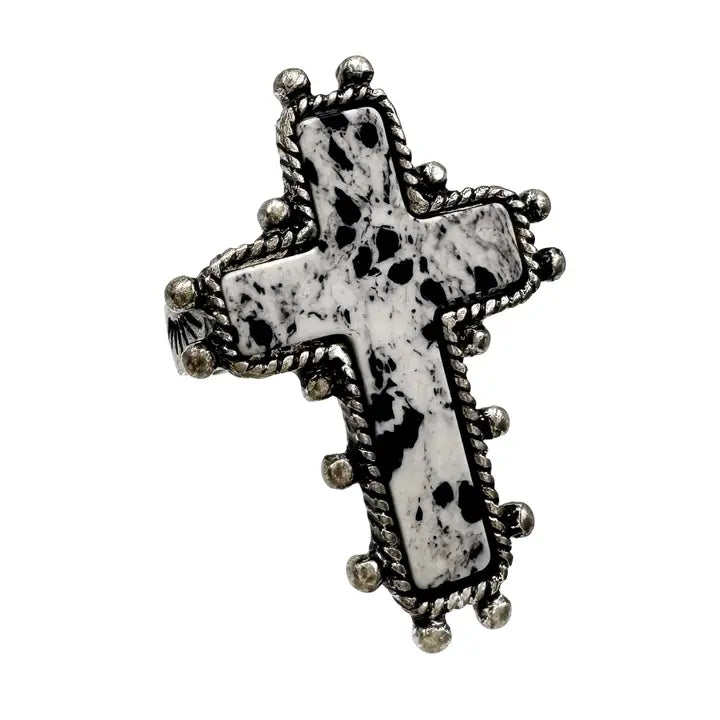 White Cross Stone Western Band Stretch Ring